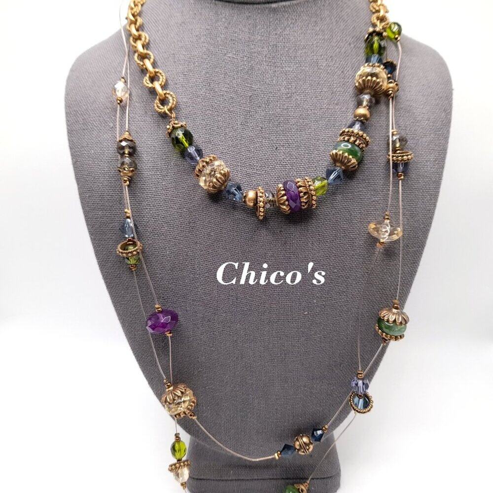 Chico's Three Strand Rhinestone Layering Necklace, Green Purple Beads, 19 Inches